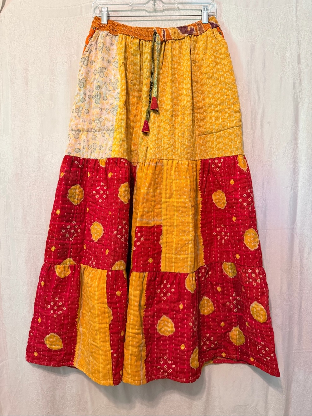 Kantha cotton free-size patchwork tiered wide pants in Red & Yellow